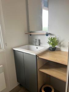 a bathroom with a white sink and a mirror at Mobil-Home Bora-Bora in Les Mathes