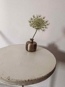 a small vase with a flower on a table at Letnisko Łagów in Łagów