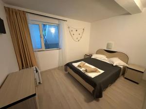 a bedroom with a bed and a large window at Vila Cornelius in Costinesti