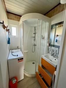 ein Badezimmer mit Dusche und Waschbecken in der Unterkunft Mobil home avec piscine avec accès plage direct dans camping 5 étoiles in Brétignolles-sur-Mer