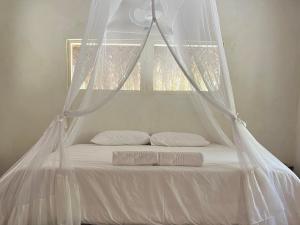 a bed with a canopy with two pillows and a window at Mango Beach Resort in Praia do Tofo