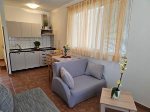 a living room with a blue couch and a kitchen at Family Apartments Suzi in Rovinj