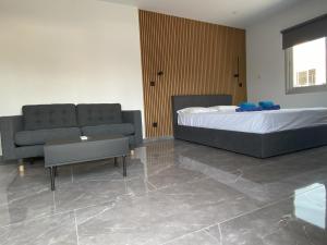 a living room with a bed and a couch at Nissi Avenue Studios in Ayia Napa