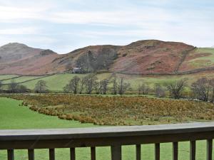 a view of a field with mountains in the background at Howegrain Lodge in Glenridding