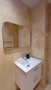 ein Badezimmer mit einem weißen Waschbecken und einem Spiegel in der Unterkunft Le Calisson, magnifique studio plein centre d'Aix in Aix-en-Provence