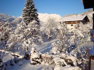 einen schneebedeckten Hof mit Bäumen und einem Haus in der Unterkunft Ferienwohnung Jenny in Schruns-Tschagguns