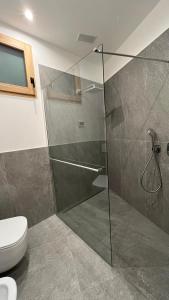 a bathroom with a glass shower and a toilet at Casa Lucia in Valdidentro