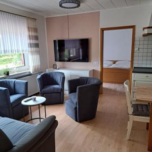 a living room with a couch and chairs and a tv at Ferienwohnung Hof Segberg in Langenberg +22 photos