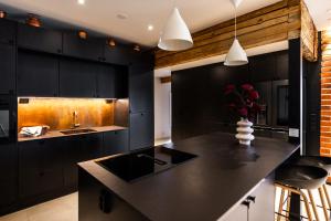 a kitchen with black cabinets and a black counter top at Aino Private Island Hotel - Adults Only in Rovaniemi