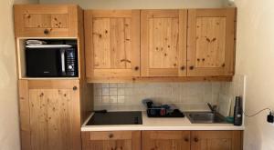 eine Küche mit Holzschränken, Spüle und Mikrowelle in der Unterkunft Résidence Les Alpages de Val Cenis in Lanslebourg-Mont-Cenis