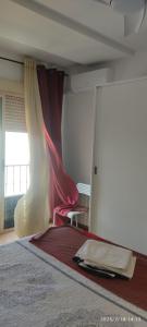 a bedroom with a bed with a curtain and a window at Apartamento Vino Tinto in Valdepeñas