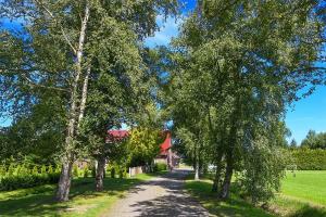 a dirt road with trees and a house in the background at Hof Lueck in Esens