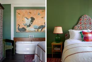 two pictures of a bedroom with a bed and a bathroom at Artist Residence Brighton in Brighton & Hove