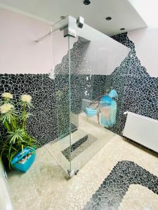 a bathroom with a glass shower with a bird on the wall at Wohlfühloase in Hofheim in Hofheim am Taunus