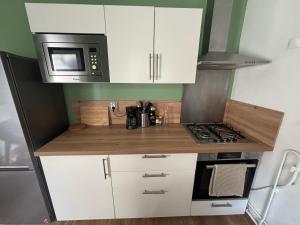 a small kitchen with white cabinets and a microwave at Maison Delavigne in Amiens