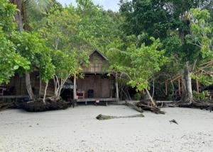 a wooden shack on the beach with trees and sand at Intum Homestay in Kri