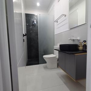 a bathroom with a shower and a toilet and a sink at Casa Noa in Marginea