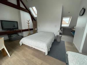 a bedroom with a bed and a flat screen tv at La Grange De Salomé in Salomé