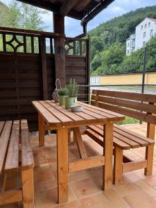 a wooden picnic table with two benches and a potted plant at Sandstein-Ferien, Kamin, Fewo "Wanderfalke", zentral & ruhig, Terrasse, Sächs Schweiz in Königstein an der Elbe