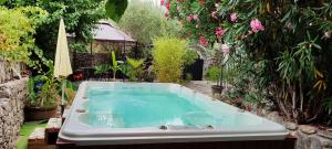 a bath tub in the middle of a garden at Mas Des Falaises in Saint Alban Auriolles