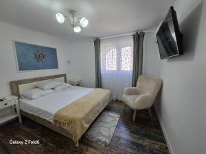 a bedroom with a bed and a chair and a television at David & Matei Residence in Jurilovca