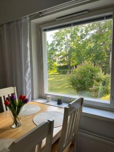 a dining room table with a window looking out at a yard at Linjuri in Varkaus