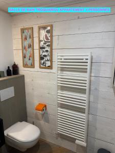 a bathroom with a toilet and a wall at MAISON DES VIGNES- TROQUAÏROU et BECCA MOTTA in Brides-les-Bains