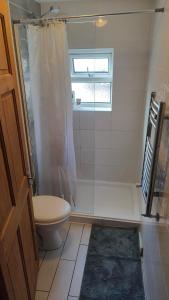 a bathroom with a shower and a toilet and a window at Edwardian House in Manchester