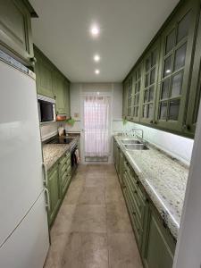 a kitchen with green cabinets and a white refrigerator at Tahití9H in El Campello +24 photos