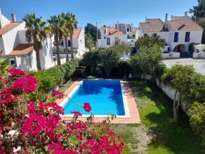 a swimming pool in a yard with pink flowers at Villa Arrábida in Palmela