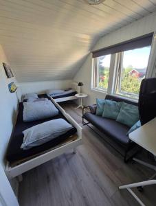 a living room with a couch and a bed and a window at Enebolig til 9 gjester nær Oslo lufthavn in Eidsvoll