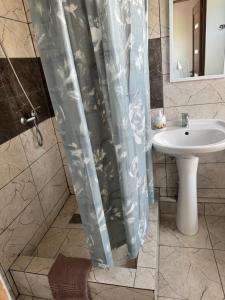 a bathroom with a sink and a shower at Saulės Namai in Palanga +17 photos