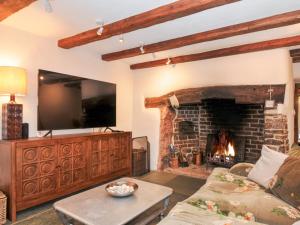 ein Wohnzimmer mit Kamin und Couch in der Unterkunft Rose Cottage in Okehampton