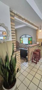 a living room with a fireplace and a potted plant at Hospedaria Flor de Caju in Pipa