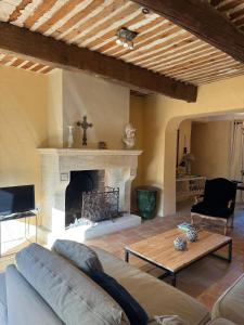 a living room with a couch and a fireplace at Villa spacieuse avec jardin à Saignon in Saignon