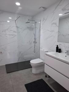 a bathroom with a shower and a toilet and a sink at Casa Machado in Cangas de Morrazo +41 photos
