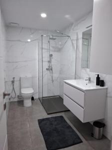 a bathroom with a shower and a toilet and a sink at Casa Machado in Cangas de Morrazo