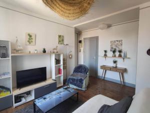 ein Wohnzimmer mit Fernseher und Sessel in der Unterkunft Appartement charmant dans le centre de Biarritz Dan 3ème étage in Biarritz