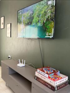 Un televisor de pantalla plana en una pared con libros sobre una mesa. en Finca Dallas, en Santiago del Estero