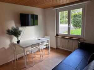 a living room with a table and chairs and a tv at PEARL10 Apartment next to the Daisies in Pieterlen