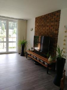 sala de estar con TV en una pared de ladrillo en Apartmán Červený Vrch, en Děčín 19 fotos más