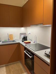 kuchnia z brązowymi szafkami i zlewem w obiekcie One-Bedroom Apartment - Kolonaki w Atenach