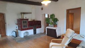 a living room with a fireplace and a chair at Venkovský dům na kraji vsi in Kostelec nad Orlicí