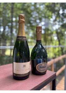 two bottles of wine sitting on a table at La bulle  +7 photos