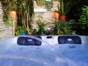 una bañera de hidromasaje en un patio con plantas en Ferienhaus Wasgaublick, en Bundenthal