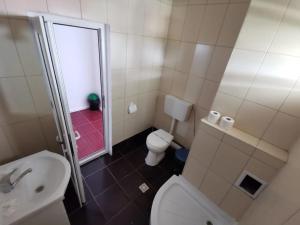 a bathroom with a toilet a sink and a shower at Hotel Azur in Costinesti +15 photos
