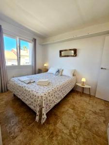 Face à la mer appartement vue mer Portiragnes plage proche Cap d'agde Vias Valras-plage Méditérranée في بورتيراني: غرفة نوم بها سرير ونافذة