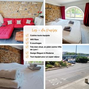 eine Collage mit Fotos eines Hotelzimmers mit einem Bett und einem Fenster in der Unterkunft Duplex central à Lyon pour 5 personnes in Lyon
