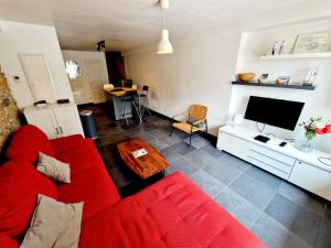 ein Wohnzimmer mit einem roten Sofa und einem Fernseher in der Unterkunft Duplex central à Lyon pour 5 personnes in Lyon