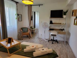 a living room with a couch and a desk at Le Guèlèf - Appartement 2 personnes in Orbey